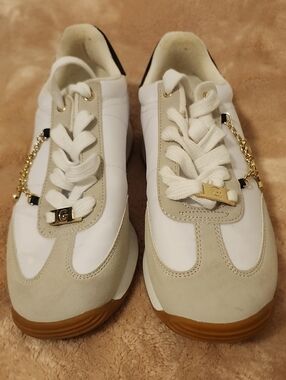 White and Taupe Women's Fashion Sneakers with Gold Accent